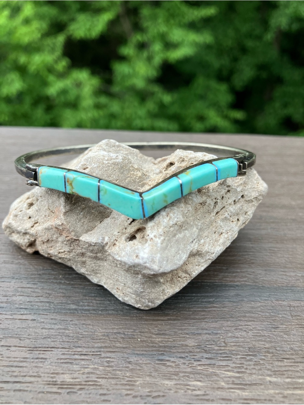 Vintage Taxco Mexico 925 Sterling Silver Turquoise 7 3/4” Hinged Bangle Bracelet
